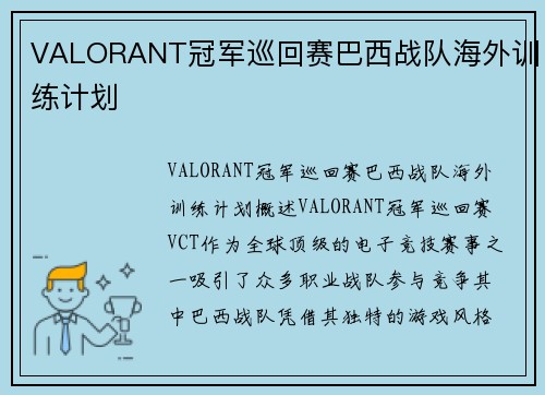 VALORANT冠军巡回赛巴西战队海外训练计划
