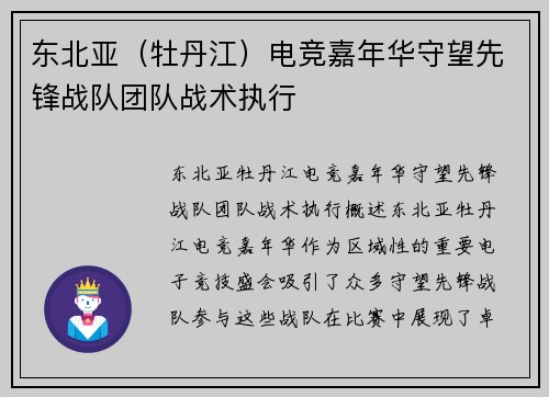 东北亚（牡丹江）电竞嘉年华守望先锋战队团队战术执行